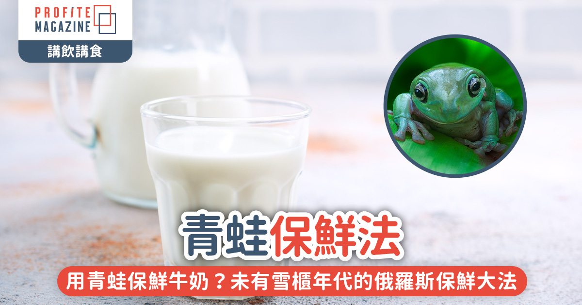一青蛙爬在一隻裝著牛奶的水杯上。