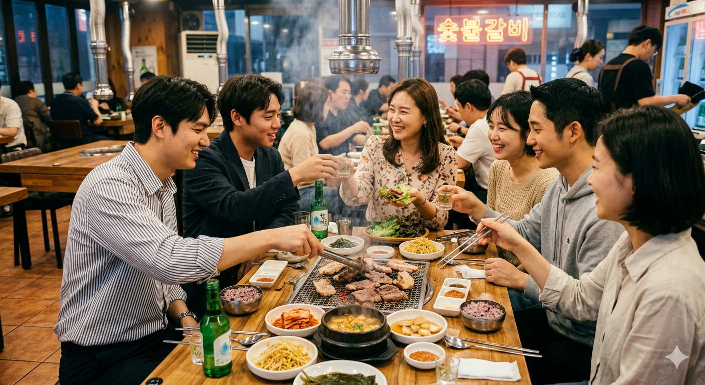 幾個人圍著烤肉爐聚餐